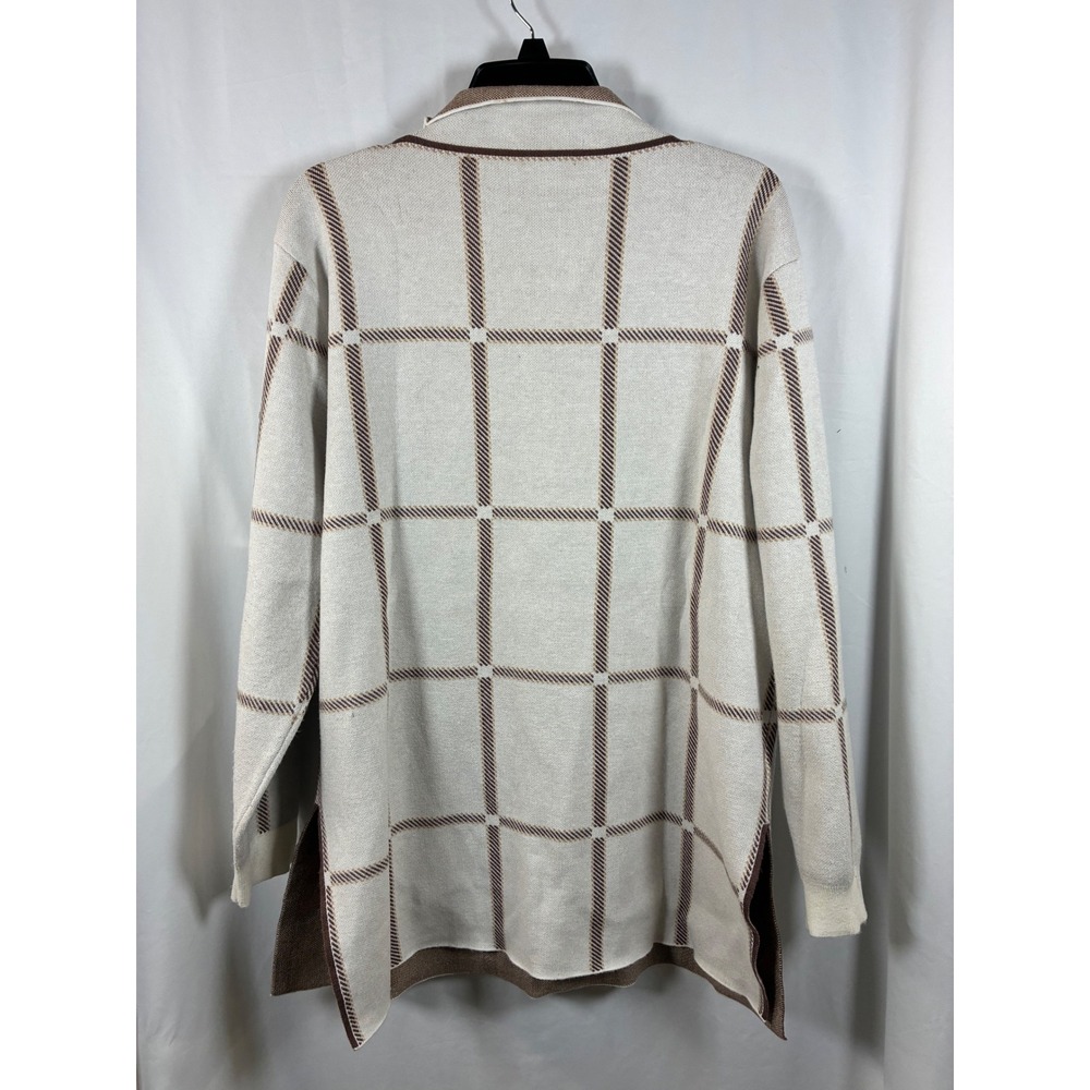 Lysse New York Womens Large Cream Brown Windowpane Grid Quarter Zip Sweater - Picture 4 of 6